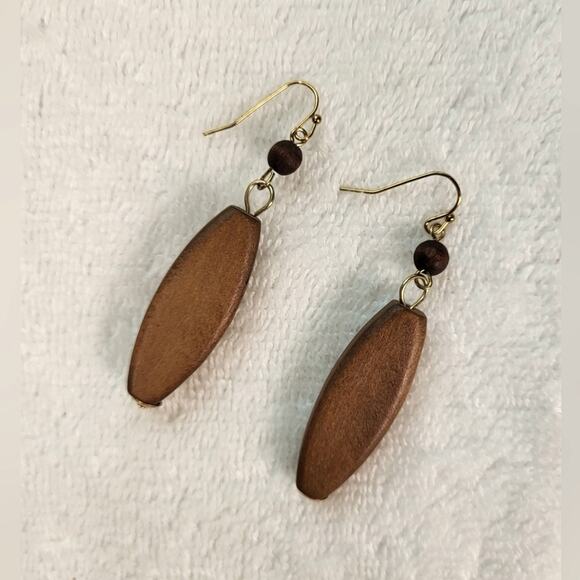 Geometric Wooden Dangle Earrings – Boho Gold Tone Statement Drops - Picture 2 of 9